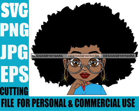 Afro Lili Black Girl Woman Glasses Hoop Earrings Glamour Queen Melanin Afro Hair Style Personal & Commercial Use SVG Cutting Files For Silhouette Cricut More