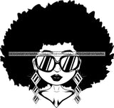 Afro Lili Black Girl Woman Sunglasses Big Eyes Earrings Glamour Queen Melanin Afro Hair Style  B/W SVG Cutting Files For Silhouette Cricut More