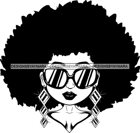 Afro Lili Black Girl Woman Sunglasses Big Eyes Earrings Glamour Queen Melanin Afro Hair Style  B/W SVG Cutting Files For Silhouette Cricut More