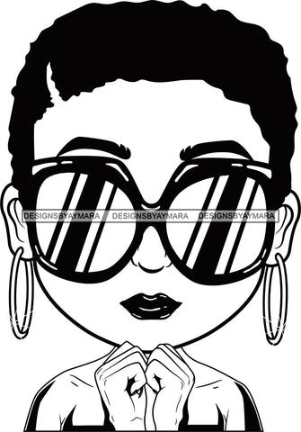 Afro Lili Black Girl Woman Sunglasses Big Eyes Earrings Glamour Queen Melanin Short Hair Style  B/W SVG Cutting Files For Silhouette Cricut More