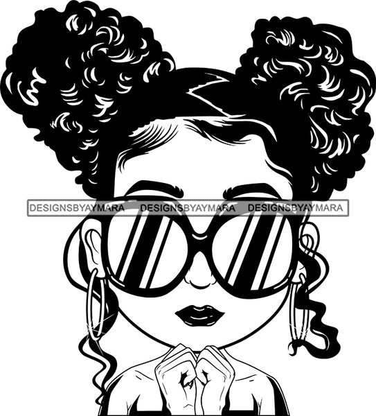 Afro Lili Black Girl Woman Sunglasses Big Eyes Earrings Glamour Queen Melanin Pigtails Hair Style  B/W SVG Cutting Files For Silhouette Cricut More