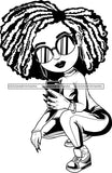 Afro Lili Black Girl Woman Selfie Glasses Earrings Big Eyes Squatting Afro Hair Style Personal & Commercial Use B/W SVG Cutting Files For Silhouette Cricut More