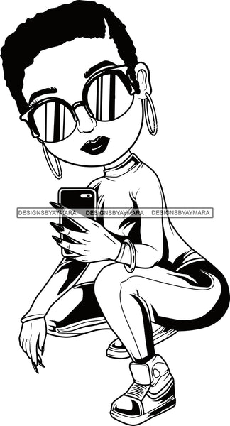 Afro Lili Black Girl Woman Selfie Glasses Earrings Big Eyes Squatting Short Hair Style Personal & Commercial Use B/W SVG Cutting Files For Silhouette Cricut More