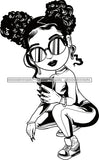 Afro Lili Black Girl Woman Selfie Glasses Earrings Big Eyes Squatting Pigtails Hair Style Personal & Commercial Use B/W SVG Cutting Files For Silhouette Cricut More