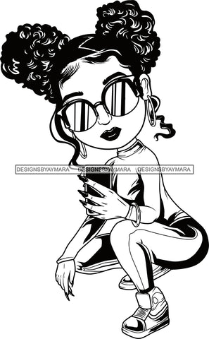 Afro Lili Black Girl Woman Selfie Glasses Earrings Big Eyes Squatting Pigtails Hair Style Personal & Commercial Use B/W SVG Cutting Files For Silhouette Cricut More