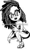 Afro Lili Black Girl Woman Selfie Glasses Earrings Big Eyes Squatting Dreadlocks Hair Style Personal & Commercial Use B/W SVG Cutting Files For Silhouette Cricut More