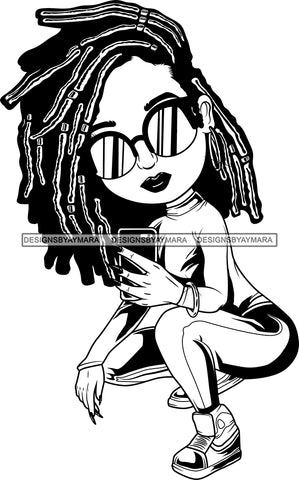 Afro Lili Black Girl Woman Selfie Glasses Earrings Big Eyes Squatting Dreadlocks Hair Style Personal & Commercial Use B/W SVG Cutting Files For Silhouette Cricut More