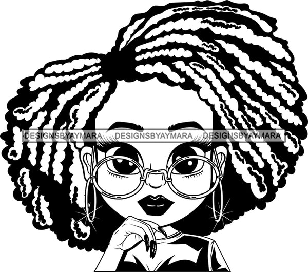 Afro Lili Black Girl Woman Glasses Big Eyes Earrings Glamour Queen Melanin Afro Hair Style  B/W SVG Cutting Files For Silhouette Cricut More