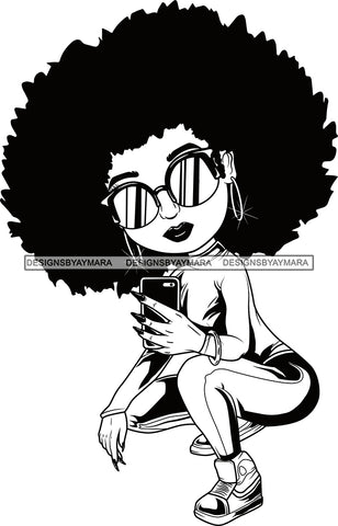 Afro Lili Black Girl Woman Selfie Glasses Earrings Big Eyes Squatting Afro Hair Style Personal & Commercial Use B/W SVG Cutting Files For Silhouette Cricut More