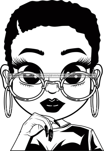 Afro Lili Black Girl Woman Glasses Big Eyes Earrings Glamour Queen Melanin Short Hair Style  B/W SVG Cutting Files For Silhouette Cricut More