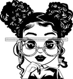 Afro Lili Black Girl Woman Glasses Big Eyes Earrings Glamour Queen Melanin Pigtails Hair Style  B/W SVG Cutting Files For Silhouette Cricut More