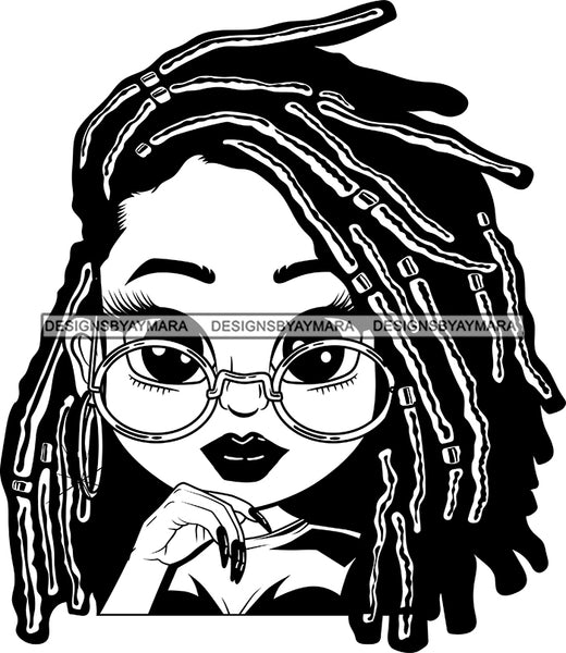 Afro Lili Black Girl Woman Glasses Big Eyes Earrings Glamour Queen Melanin Dreadlocks Hair Style  B/W SVG Cutting Files For Silhouette Cricut More