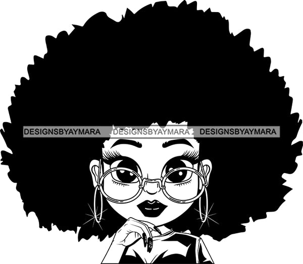 Afro Lili Black Girl Woman Glasses Big Eyes Earrings Glamour Queen Melanin Afro Hair Style  B/W SVG Cutting Files For Silhouette Cricut More