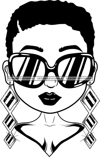 Afro Lili Black Girl Woman Sunglasses Big Eyes Earrings Glamour Queen Melanin Short Hair Style  B/W SVG Cutting Files For Silhouette Cricut More