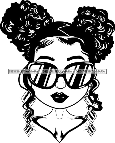Afro Lili Black Girl Woman Sunglasses Big Eyes Earrings Glamour Queen Melanin Pigtails Hair Style  B/W SVG Cutting Files For Silhouette Cricut More