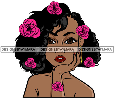 Afro Black Woman Portrait Melanin Ebony Flowers Wavy Hairstyle SVG JPG PNG Vector Designs Cutting Files For Circuit Silhouette