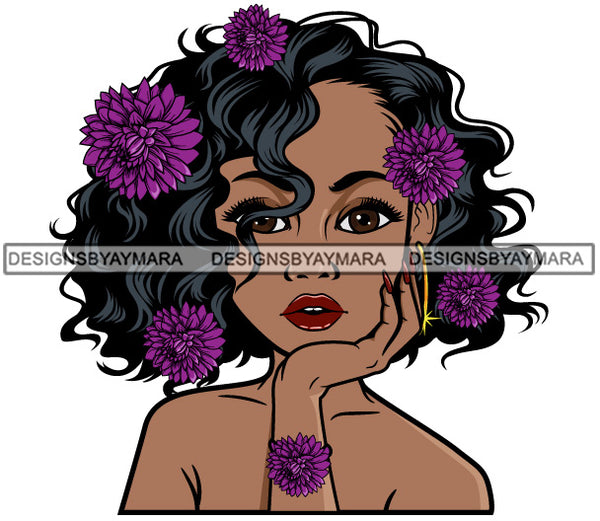 Afro Black Woman Portrait Melanin Ebony Flowers Curly Hairstyle SVG JPG PNG Vector Designs Cutting Files For Circuit Silhouette