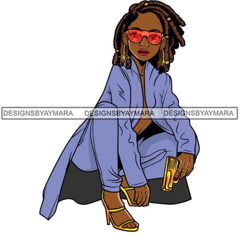 Lola Afro Gangster Caring Handgun Classy Outfit Cool Glasses Urban Street Hipster Girl Boss Lady Nubian Queen Melanin Popping SVG Cutting Files For Silhouette Cricut and More