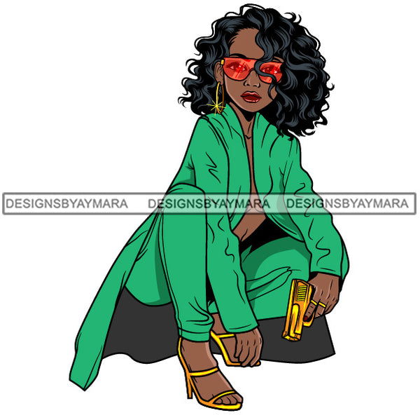 Lola Afro Gangster Caring Handgun Classy Outfit Cool Glasses Urban Street Hipster Girl Boss Lady Nubian Queen Melanin Popping SVG Cutting Files For Silhouette Cricut and More