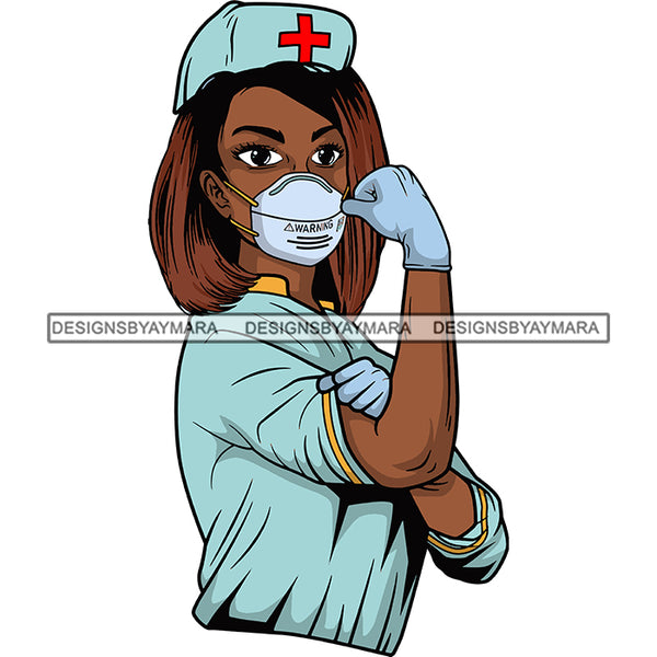 Afro Lola Nurse Doctor Save Life Hero Wearing Mask Protection Flexing Strong Medical Occupation SVG Cutting Files