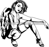 Lola Flow Black Woman Dreadlocks Hair Style  Sexy Posing Modeling Fur Coat Long Eyelashes Attractive B/W  Hoop Earrings  High Heels SVG Clipart Vector Cutting Files