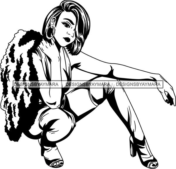 Lola Flow Black Woman Wavy Shoulder Length Hair Style Sexy Posing Modeling Fur Coat Long Eyelashes Attractive B/W  Hoop Earrings  High Heels SVG Clipart Vector Cutting Files