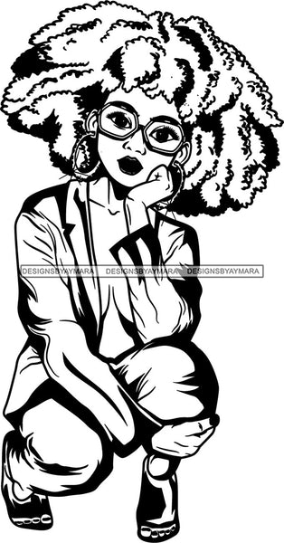 Afro Woman Wearing Glasses Squatting Position African American Female Attractive Casual Elegant SVG Vector Cutting Files For Cricut Silhouette More!