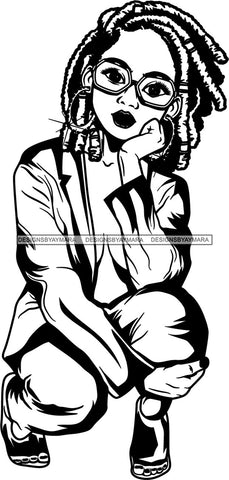 Lola Flow Black Woman Kneeling Dreadlocks Hair Style Deep Thoughts B/W  Glasses Hoop Earrings Leaning SVG Clipart Vector Cutting Files