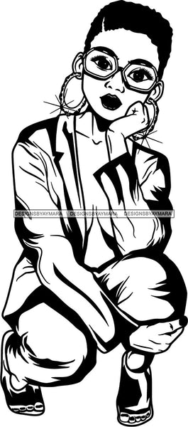 Afro Woman Wearing Glasses Short Hair Squatting Position African American Female Attractive Casual Elegant SVG Vector Cutting Files For Cricut Silhouette More!