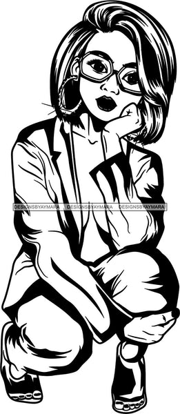 Afro Woman Wearing Glasses Style Squatting Position African American Female Attractive Casual Elegant SVG Vector Cutting Files For Cricut Silhouette More!