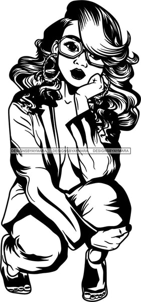 Afro Woman Squatting Position Wearing Glasses Elegant Glamour Classy Lady SVG Vector Cutting Files For Cricut Silhouette More!