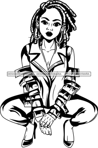 Afro Black Woman Squatting Hoop Earrings Bracelets High Heels B/W Dreadlocks Hair Style  SVG Cutting Files For Silhouette Cricut and More