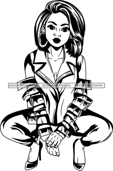 Afro Black Woman Squatting Hoop Earrings Bracelets High Heels B/W Wavy Shoulder Length Hair Style  SVG Cutting Files For Silhouette Cricut and More