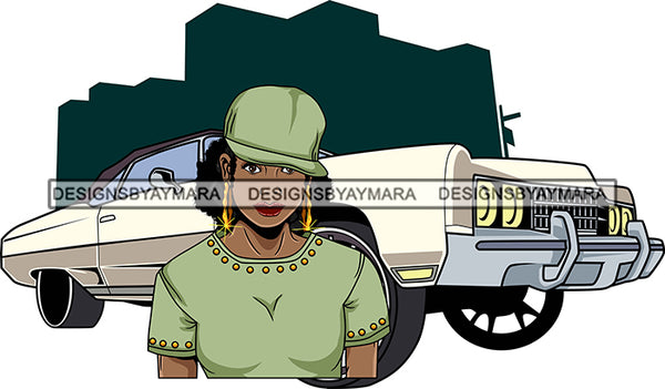 Afro Lola Badass Goddess Car Downtown Background Hood Bamboo Jewelry Cap Urban Style Woman SVG Cutting Files For Silhouette Cricut