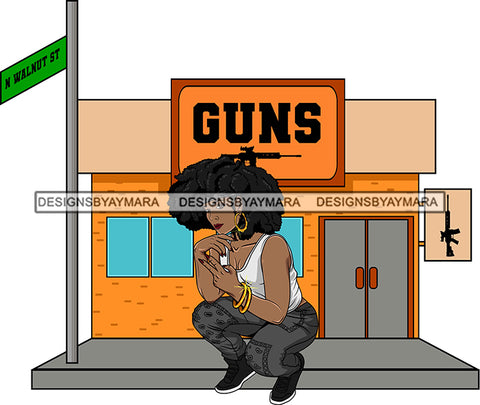 Afro Lola Badass Goddess Gun Store Background Urban Afro Hair Style SVG Cutting Files For Silhouette Cricut