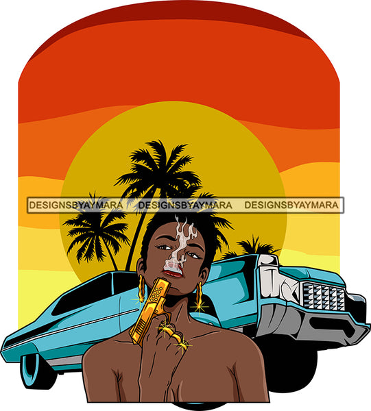 Afro Lola Badass Goddess Sunshine Palm Trees Car Background Hood Gun Gangster Bamboo Jewelry Short Hair Style Gun Powder Woman SVG Cutting Files For Silhouette Cricut