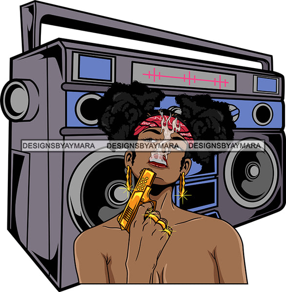 Afro Lola Badass Goddess Radio Stereo Background Gun Gangster Bamboo Jewelry Pigtails Hair Style Gun Powder Woman SVG Cutting Files For Silhouette Cricut