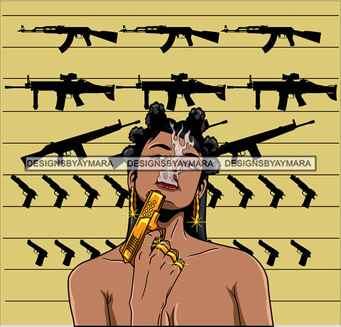 Afro Lola Badass Goddess Guns Firearms Display Background Hood Gun Gangster Bamboo Jewelry Bank Knots Hair Style Gun Powder Woman SVG Cutting Files For Silhouette Cricut