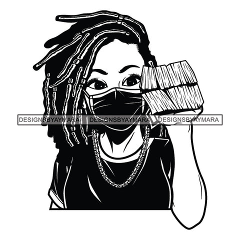 Afro Woman Holding Stacks Of Money Face Mask Nubian Necklace Dreadlocks Hairstyle B/W SVG JPG PNG Vector Clipart Cricut Silhouette Cut Cutting