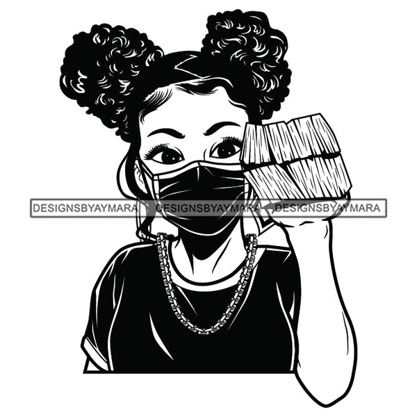 Afro Woman Holding Stacks Of Money Face Mask Nubian Necklace Pigtails Hairstyle B/W SVG JPG PNG Vector Clipart Cricut Silhouette Cut Cutting