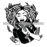 Afro Woman Showing Fan Of Money Flying 100 Dollar Bills Melanin Afro Hairstyle B/W SVG JPG PNG Cutting Files For Silhouette and Cricut and More