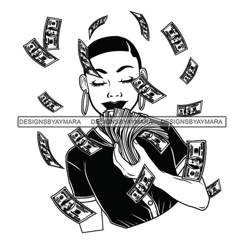 Afro Woman Showing Fan Of Money Flying 100 Dollar Bills Melanin Short Hairstyle B/W SVG JPG PNG Cutting Files For Silhouette and Cricut and More