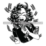 Afro Woman Showing Fan Of Money Flying 100 Dollar Bills Melanin Curly Hairstyle B/W SVG JPG PNG Cutting Files For Silhouette and Cricut and More