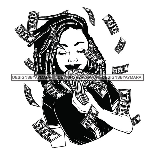 Afro Woman Showing Fan Of Money Flying 100 Dollar Bills Melanin Dreadlocks Hairstyle B/W SVG JPG PNG Cutting Files For Silhouette and Cricut and More