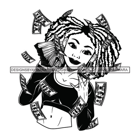 Afro Woman Hustler 100 Dollar Bill Flying Money Successful Afro Hairstyle B/W SVG JPG PNG Cutting Files For Silhouette and Cricut and More