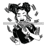 Afro Woman Showing Fan Of Money Flying 100 Dollar Bills Melanin Pigtails Hairstyle B/W SVG JPG PNG Cutting Files For Silhouette and Cricut and More