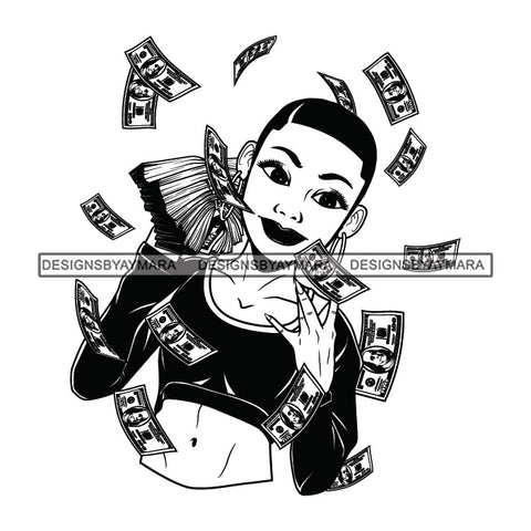 Afro Woman Hustler 100 Dollar Bill Flying Money Successful Short Hairstyle B/W SVG JPG PNG Cutting Files For Silhouette and Cricut and More