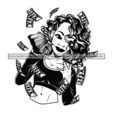 Afro Woman Hustler 100 Dollar Bill Flying Money Successful Curly Hairstyle B/W SVG JPG PNG Cutting Files For Silhouette and Cricut and More