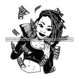 Afro Woman Hustler 100 Dollar Bill Flying Money Successful Dreadlocks Hairstyle B/W SVG JPG PNG Cutting Files For Silhouette and Cricut and More