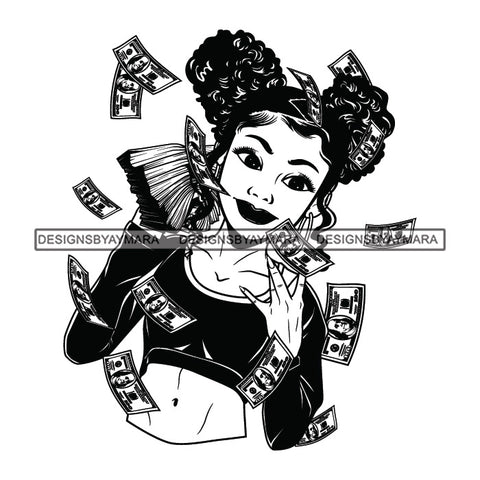 Afro Woman Hustler 100 Dollar Bill Flying Money Successful Pigtails Hairstyle B/W SVG JPG PNG Cutting Files For Silhouette and Cricut and More